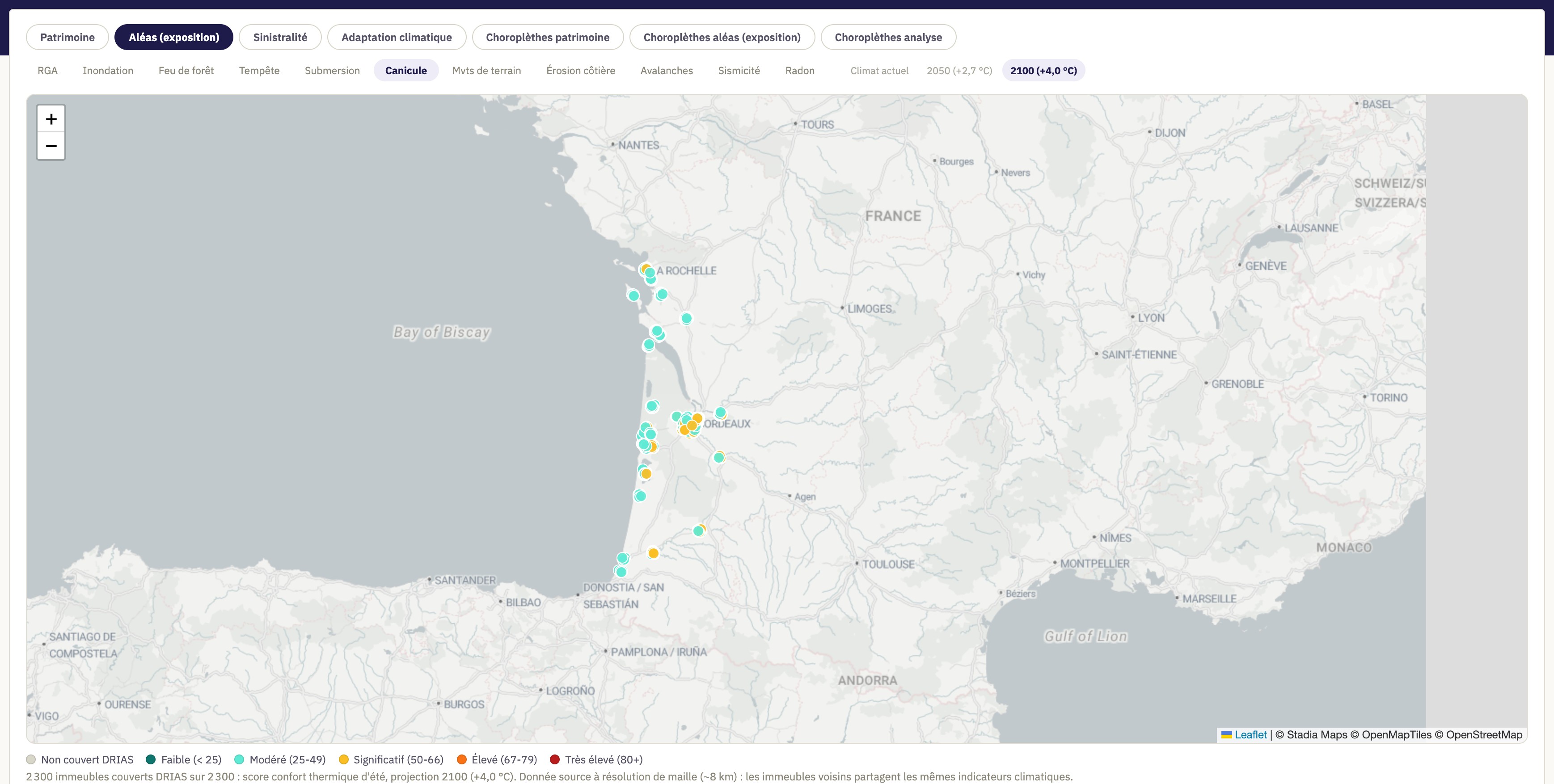Portail RiskAtlas, cartographie du confort d'été projeté en 2100, indicateurs DRIAS (cas fictif Aurore)