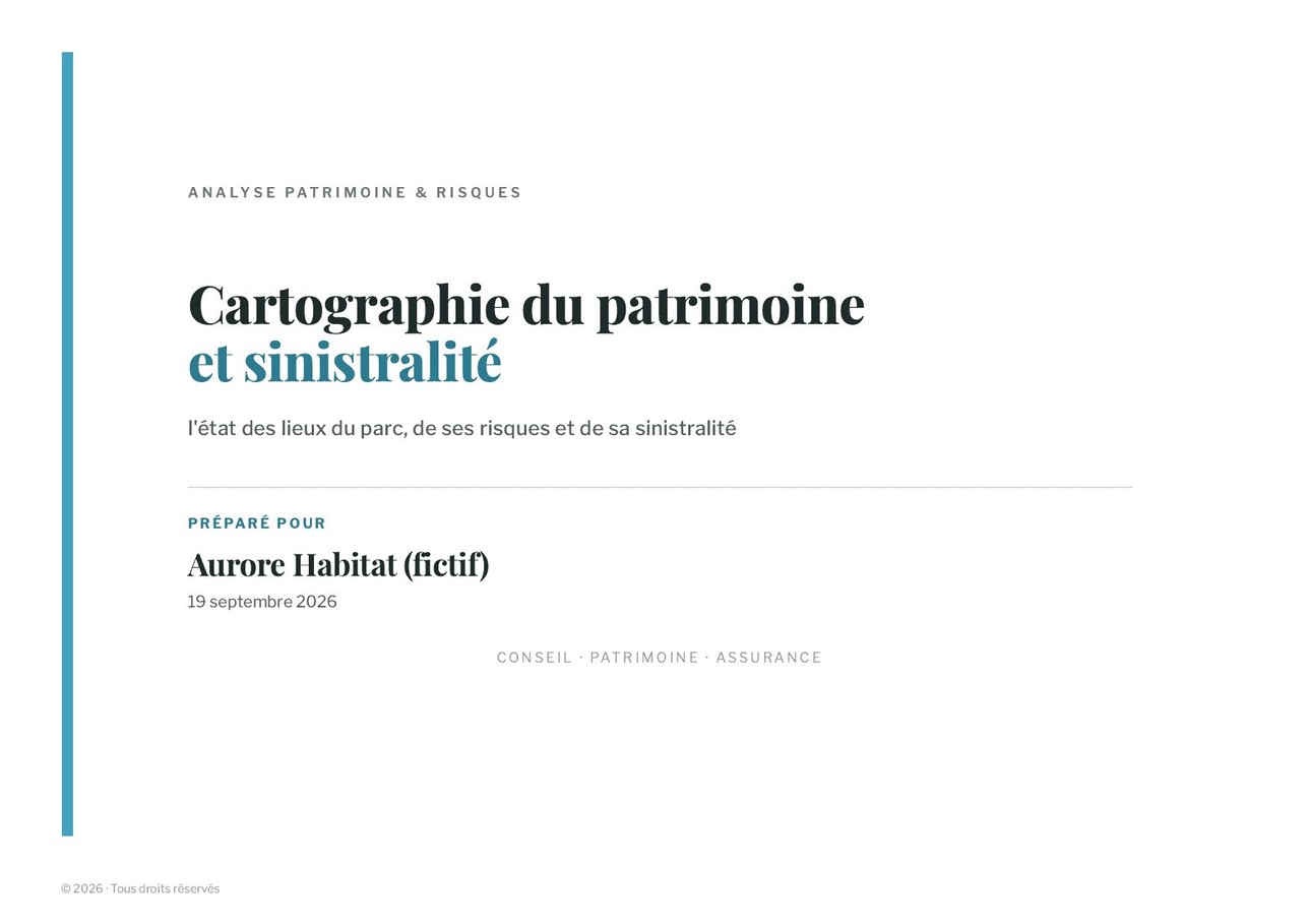 Rapport Cartographie du patrimoine et sinistralité, couverture (cas fictif Aurore)