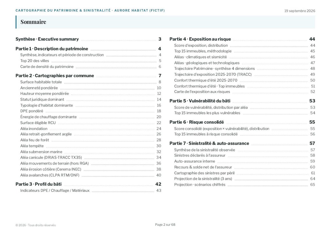 Rapport Cartographie du patrimoine et sinistralité, sommaire (cas fictif Aurore)